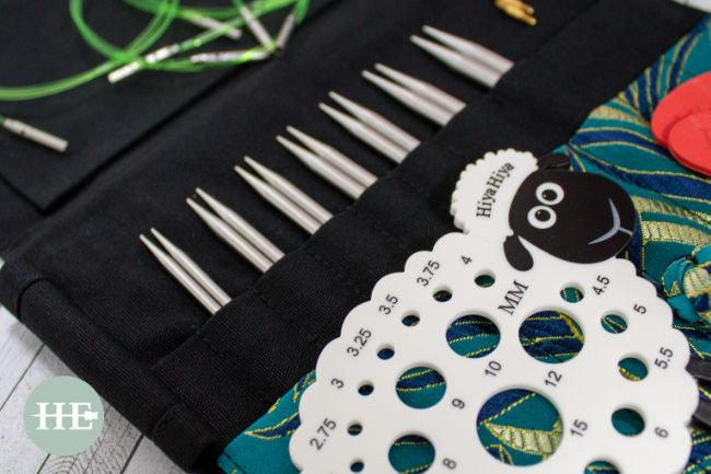 A set of interchangeable knitting needles in a stylish HiyaHiya accessory case